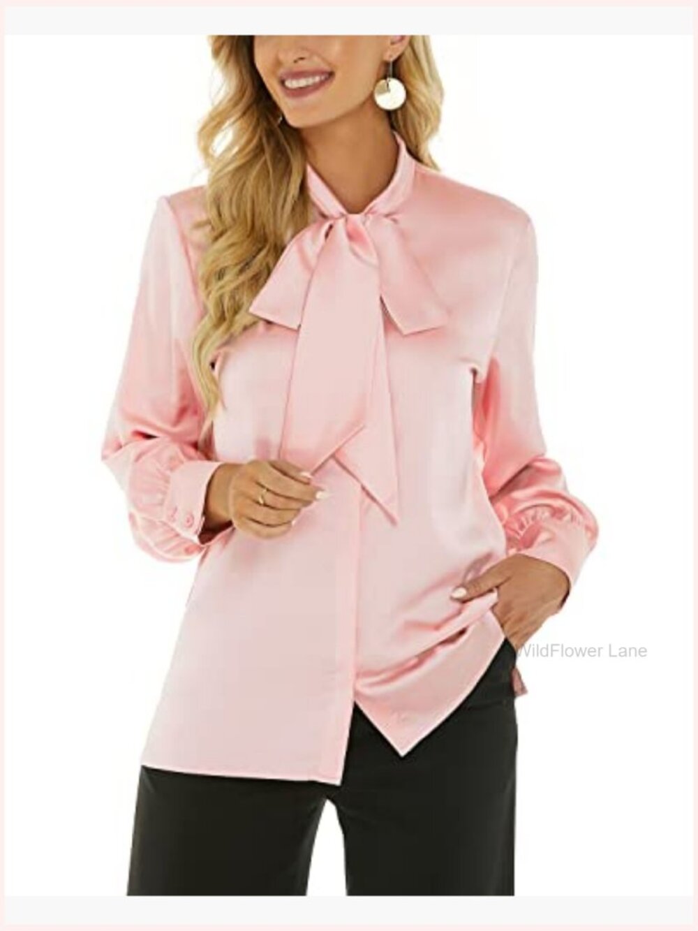 BOW TIE NECK SATIN BLOUSE LONG SLEEVE BUTTON DOWN SHIRT FOR WORK OFFICE - Picture 3 of 7